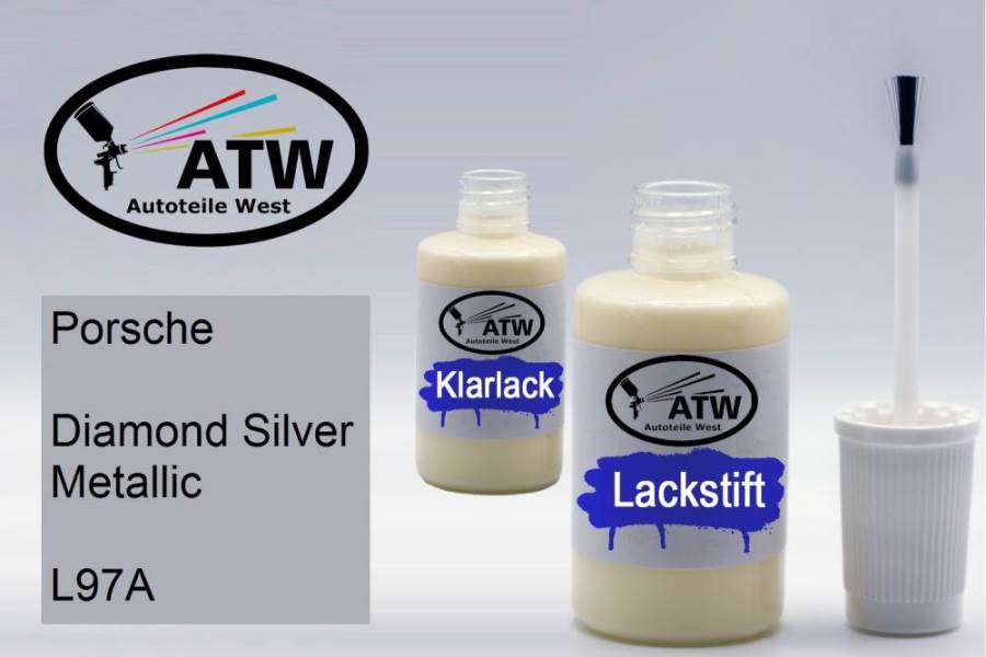 Porsche, Diamond Silver Metallic, L97A: 20ml Lackstift + 20ml Klarlack - Set, von ATW Autoteile West.